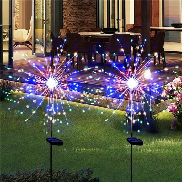 Solar Outdoor Lights Waterproof, 2 Pack Solar Powered Firework Stake Lights - Picture 1 of 6